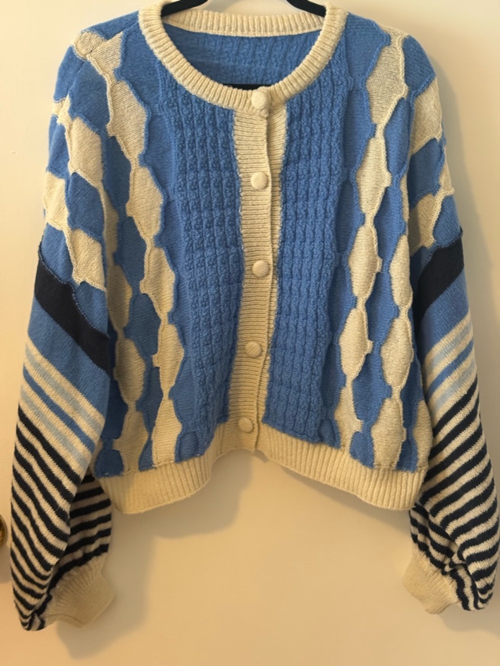 Cider Brand Blue and Cream Patterned Women's Button Cardigan Sweater